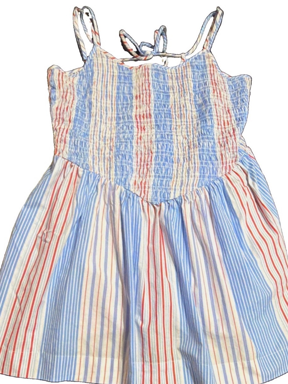 Striped Blue & Red Women’s Sundress with Tie Shoulder Straps and Tie Back Size L